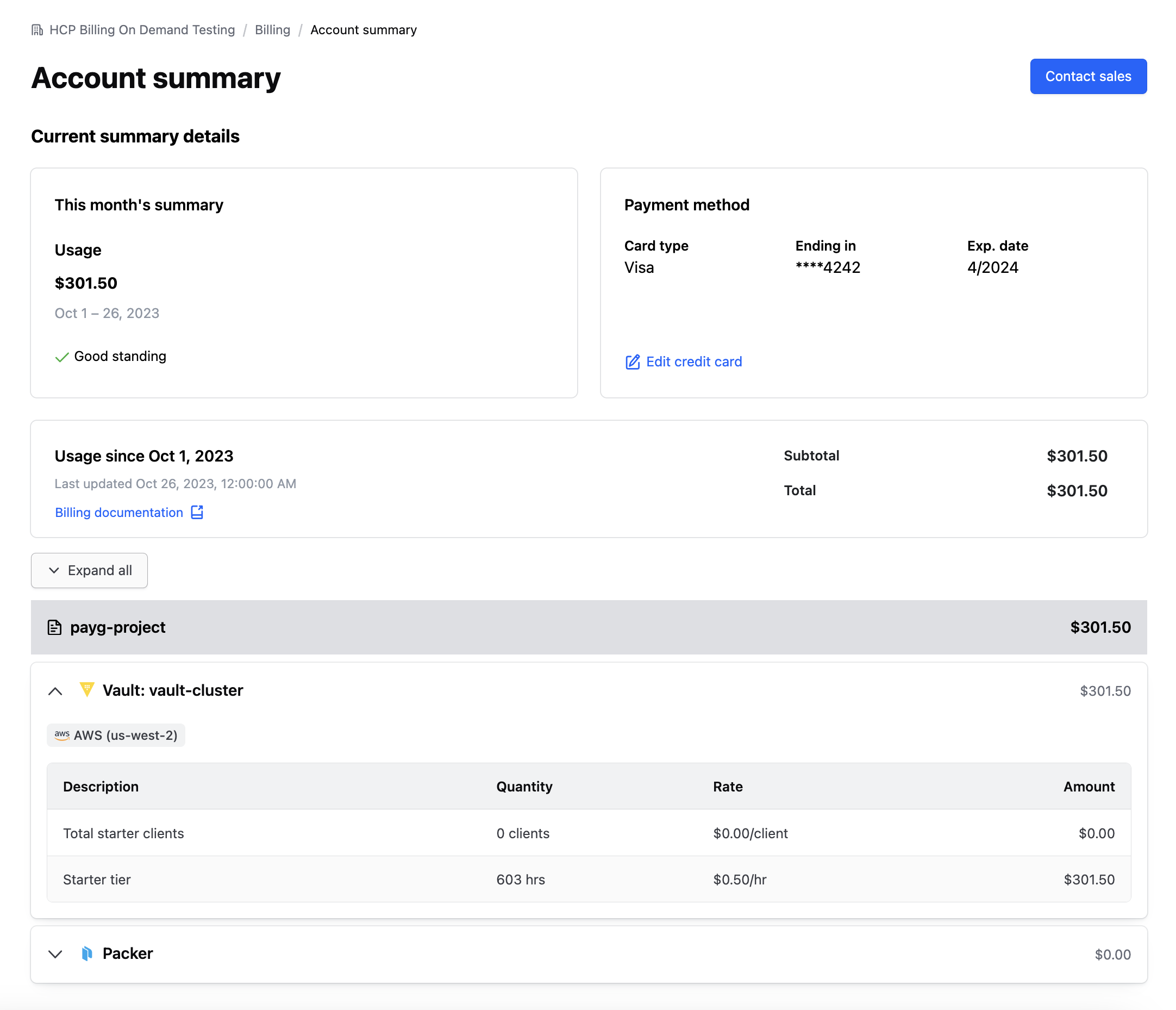 Pay-As-You-Go Billing Account Summary Page