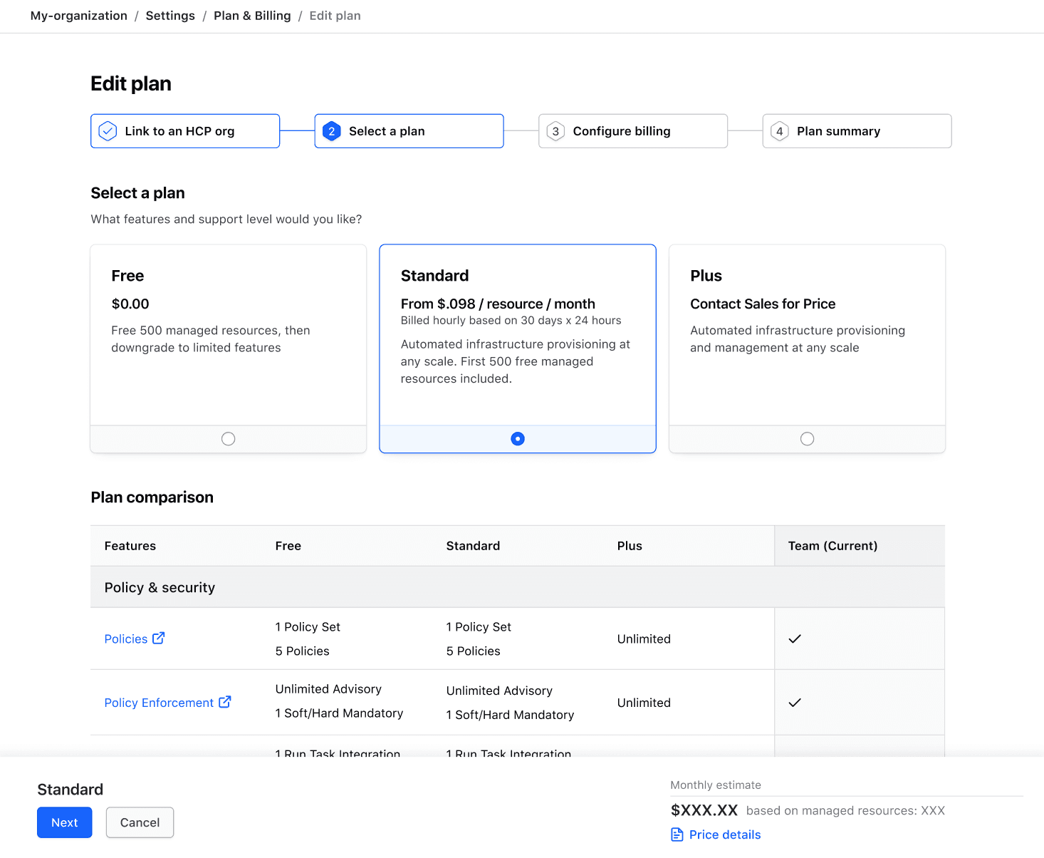 Screenshot: The "Select Plan" screen showing the three HCP Terraform plans: Free, Standard, and Plus. The Standard option is highlighted and includes an estimated cost.