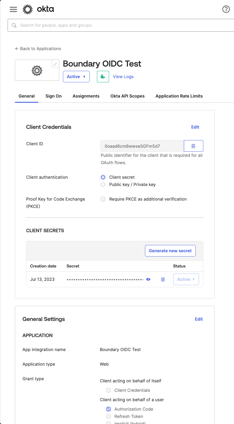 Okta Application Settings