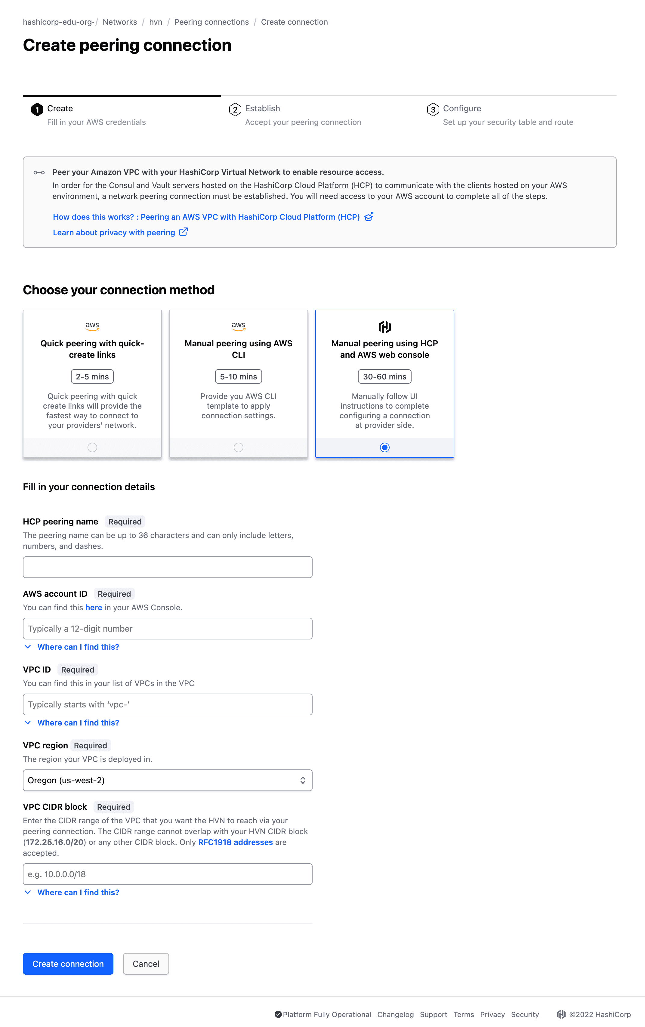 HVN Peering create form